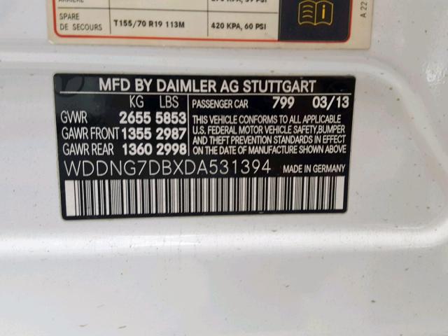 WDDNG7DBXDA531394 - 2013 MERCEDES-BENZ S 550 WHITE photo 10