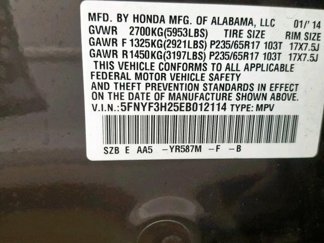 5FNYF3H25EB012114 - 2014 HONDA PILOT LX BROWN photo 10