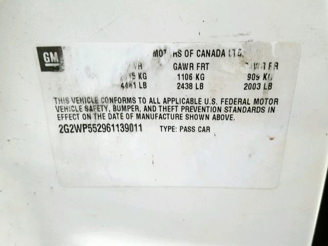 2G2WP552961139011 - 2006 PONTIAC GRAND PRIX WHITE photo 10