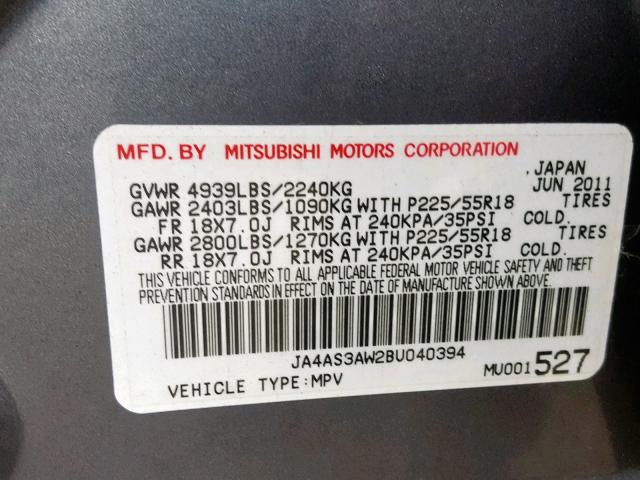 JA4AS3AW2BU040394 - 2011 MITSUBISHI OUTLANDER GRAY photo 10