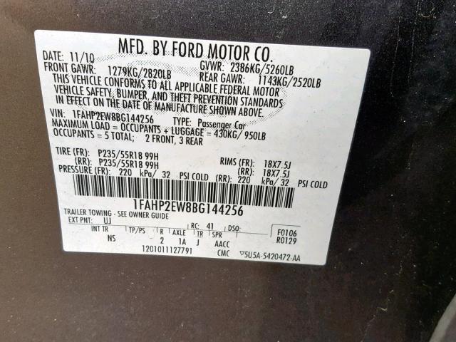 1FAHP2EW8BG144256 - 2011 FORD TAURUS SEL GRAY photo 10