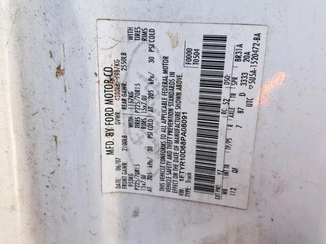 1GTYR10D68PA08091 - 2008 FORD RANGER WHITE photo 10