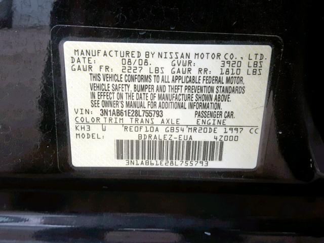 3N1AB61E28L755793 - 2008 NISSAN SENTRA 2.0 BLACK photo 10