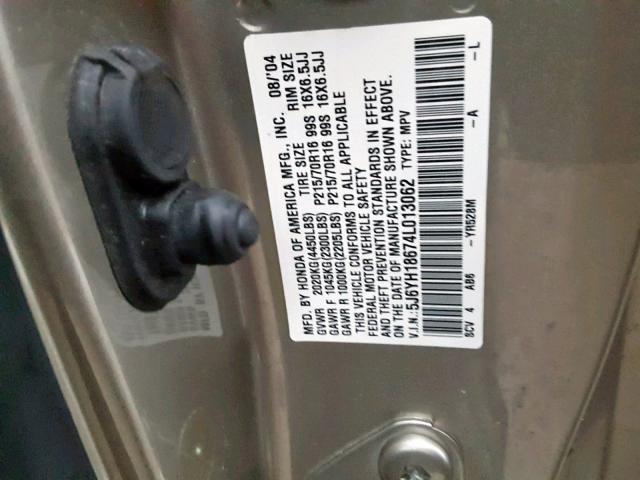 5J6YH18674L013062 - 2004 HONDA ELEMENT EX GRAY photo 10