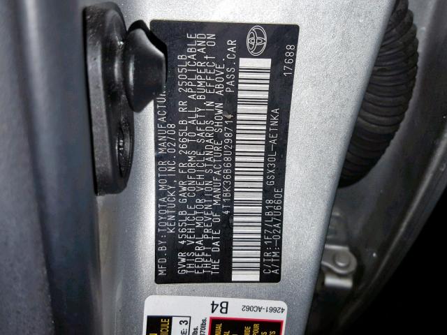 4T1BK36B68U298714 - 2008 TOYOTA AVALON SILVER photo 10