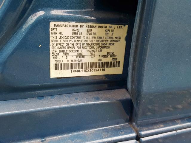 1N4BL11DX3C324119 - 2003 NISSAN ALTIMA SE BLUE photo 10