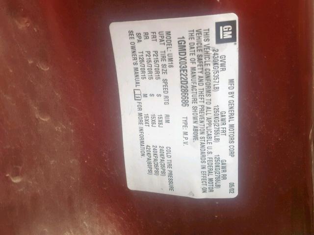 1GMDX03E22D286686 - 2002 PONTIAC MONTANA MAROON photo 10