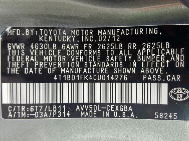 4T1BD1FK4CU014276 - 2012 TOYOTA CAMRY HYBR GREEN photo 10