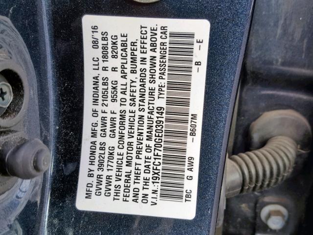 19XFC1F70GE039149 - 2016 HONDA CIVIC EXL BLUE photo 10