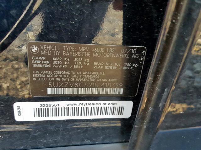 5UXZV8C59BL418359 - 2011 BMW X5 XDRIVE5 BLACK photo 10