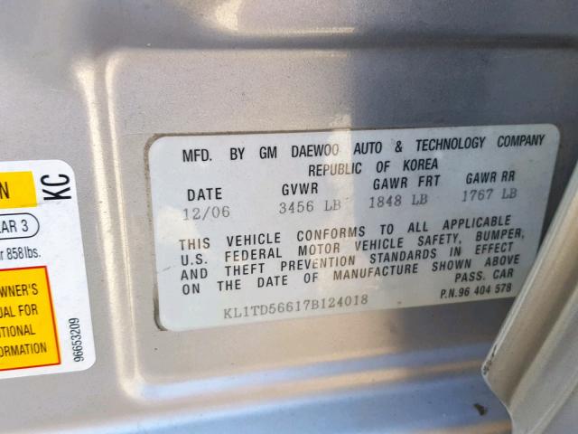 KL1TD56617B124018 - 2007 CHEVROLET AVEO BASE Күміс фото 10