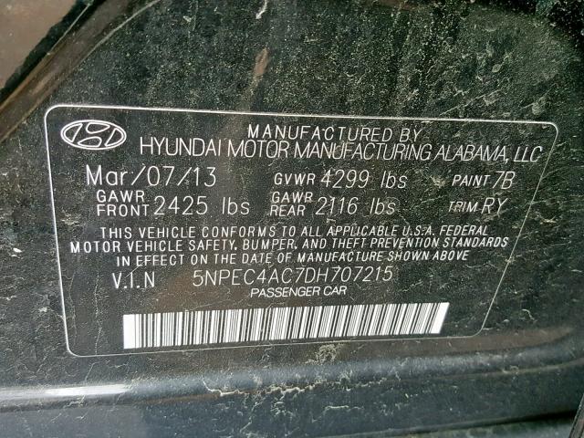 5NPEC4AC7DH707215 - 2013 HYUNDAI SONATA SE BLACK photo 10