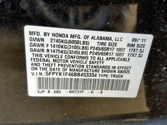 5FPYK1F46BB453354 - 2011 HONDA RIDGELINE BLACK photo 10