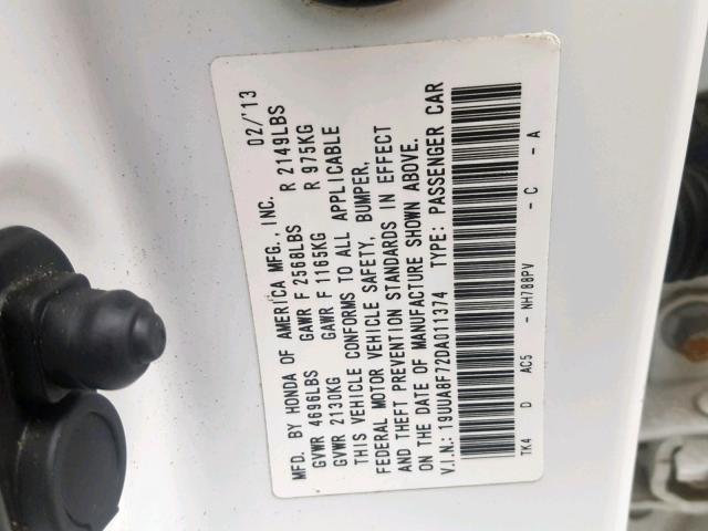 19UUA8F72DA011374 - 2013 ACURA TL ADVANCE WHITE photo 10