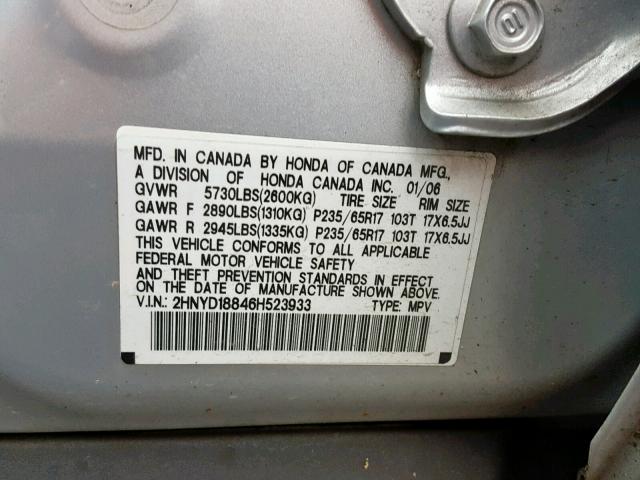 2HNYD18846H523933 - 2006 ACURA MDX TOURIN SILVER photo 10