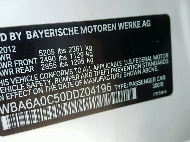 WBA6A0C50DDZ04196 - 2013 BMW 640 I WHITE photo 10