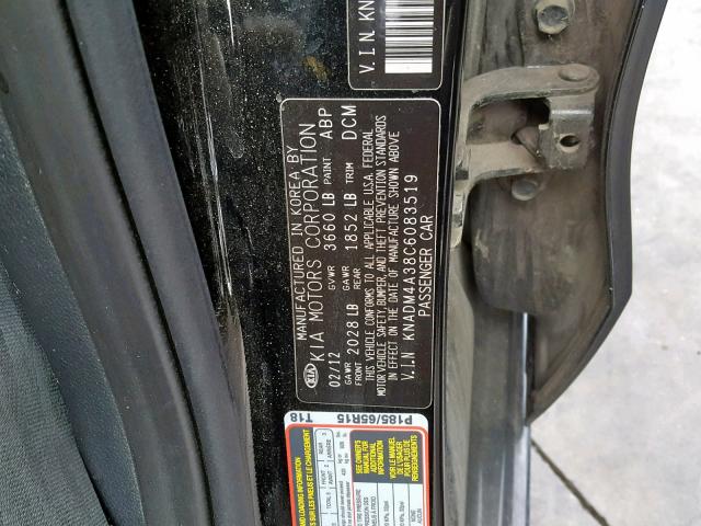 KNADM4A38C6083519 - 2012 KIA RIO LX BLACK photo 10