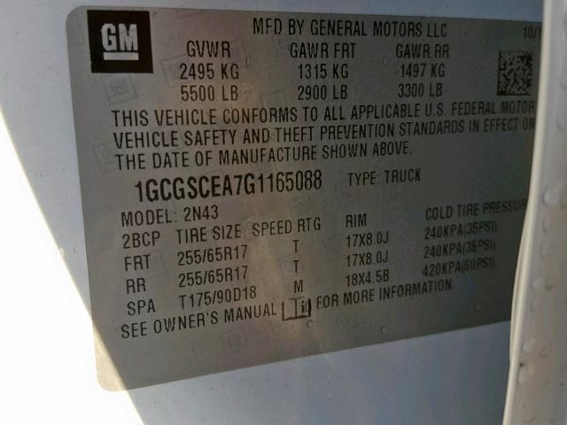 1GCGSCEA7G1165088 - 2016 CHEVROLET COLORADO L WHITE photo 10