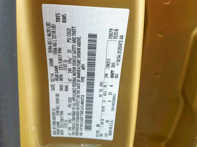 1FMCU0F75EUC49072 - 2014 FORD ESCAPE S GOLD photo 10