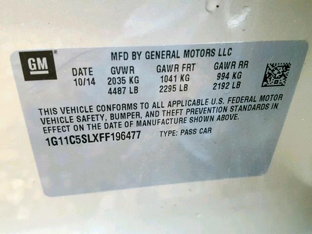 1G11C5SLXFF196477 - 2015 CHEVROLET MALIBU 1LT 棕色 照片 10