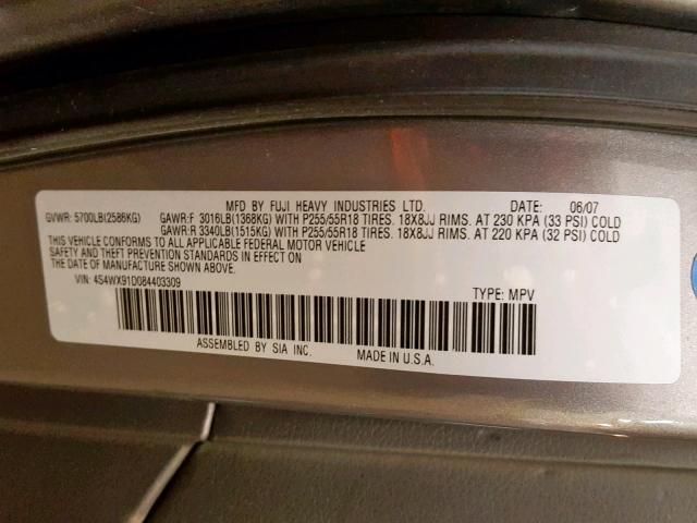 4S4WX91D084403309 - 2008 SUBARU TRIBECA SILVER photo 10