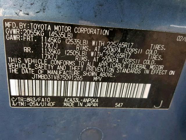 JTMBD31V875091265 - 2007 TOYOTA RAV4 LIMIT BLUE photo 10