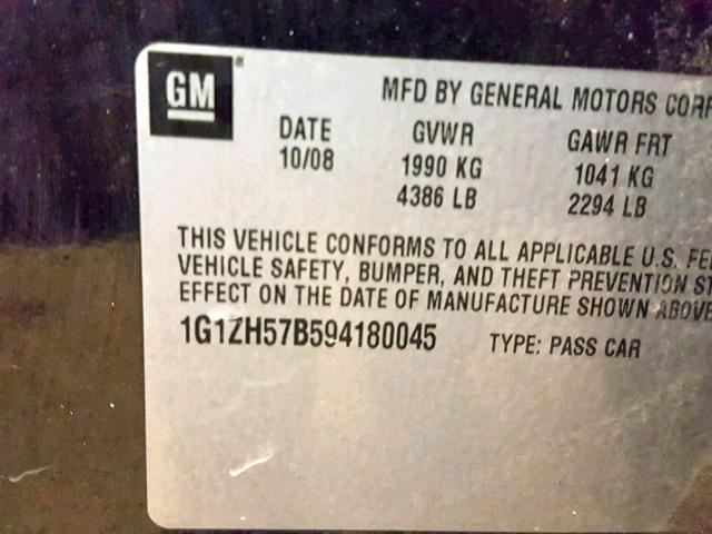 1G1ZH57B594180045 - 2009 CHEVROLET MALIBU 1LT BLACK photo 10