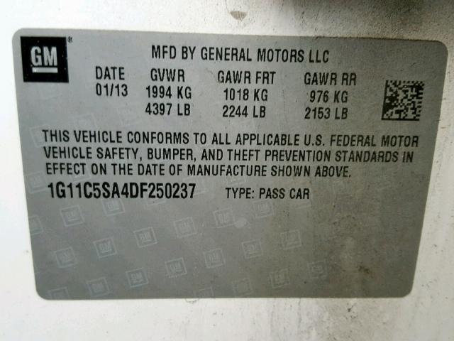 1G11C5SA4DF250237 - 2013 CHEVROLET MALIBU 1LT WHITE photo 10