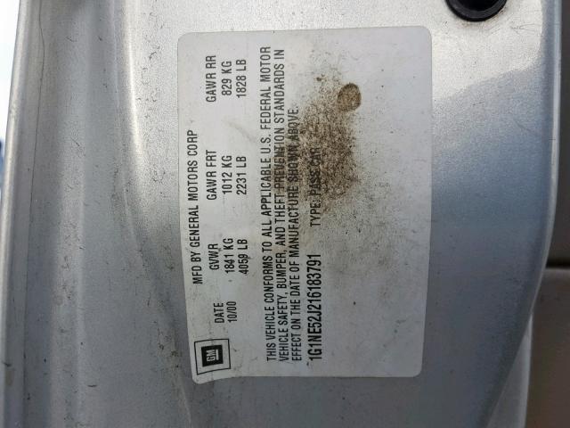 1G1NE52J216183791 - 2001 CHEVROLET MALIBU LS SILVER photo 10