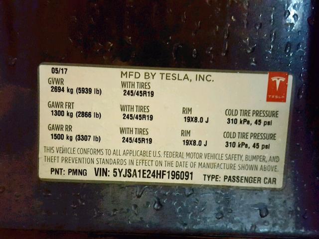 5YJSA1E24HF196091 - 2017 TESLA MODEL S GRAY photo 10