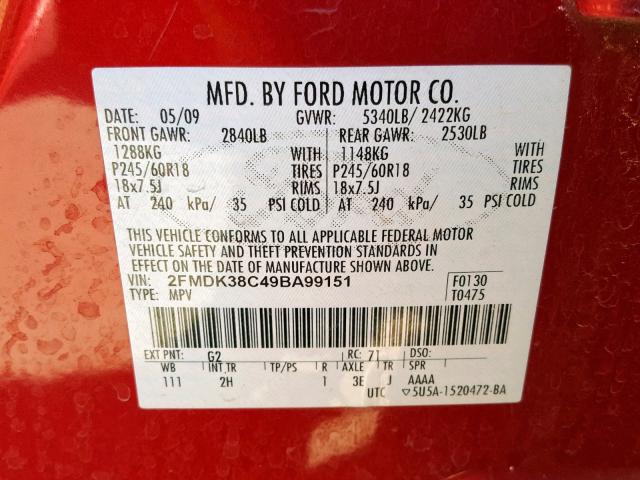 2FMDK38C49BA99151 - 2009 FORD EDGE SEL MAROON photo 10