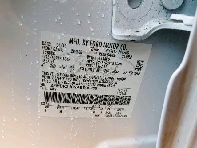 2FMDK3JC2ABB39788 - 2010 FORD EDGE SEL WHITE photo 10