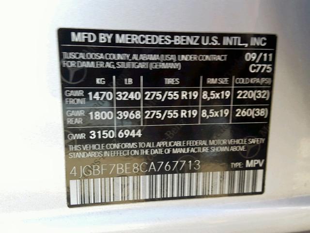 4JGBF7BE8CA767713 - 2012 MERCEDES-BENZ GL 450 4MA GRAY photo 10