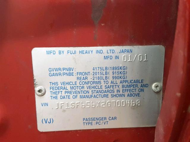 JF1SF656X2G700468 - 2002 SUBARU FORESTER S RED photo 10