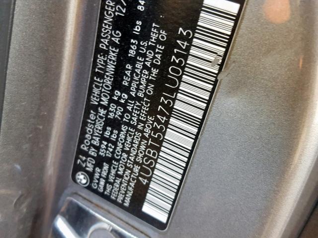 4USBT53473LU03143 - 2003 BMW Z4 3.0 GRAY photo 10