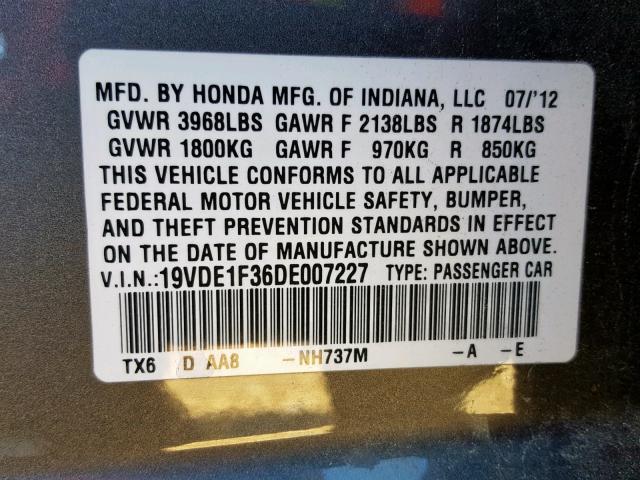 19VDE1F36DE007227 - 2013 ACURA ILX 20 CHARCOAL photo 10