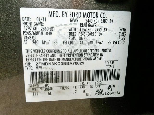 2FMDK3KC3BBA78029 - 2011 FORD EDGE LIMIT BROWN photo 10