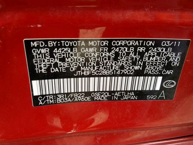 JTHBF5C28B5147902 - 2011 LEXUS IS 250 RED photo 10