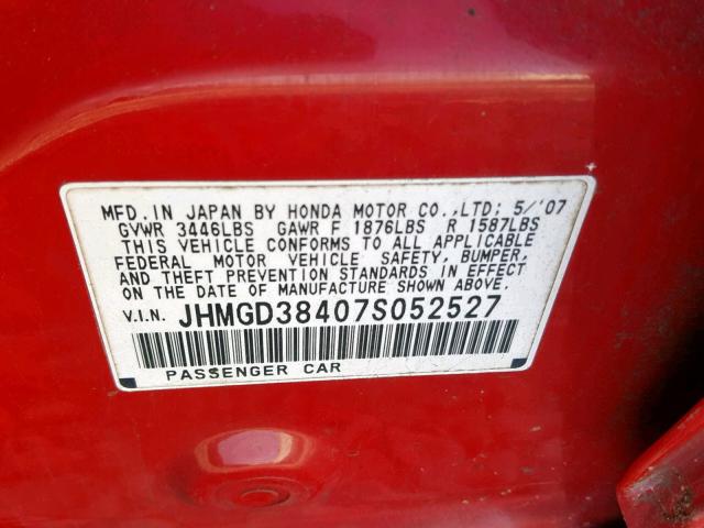 JHMGD38407S052527 - 2007 HONDA FIT RED photo 10