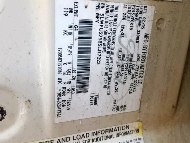 5LMFU27585LJ17223 - 2005 LINCOLN NAVIGATOR 白色 照片 10