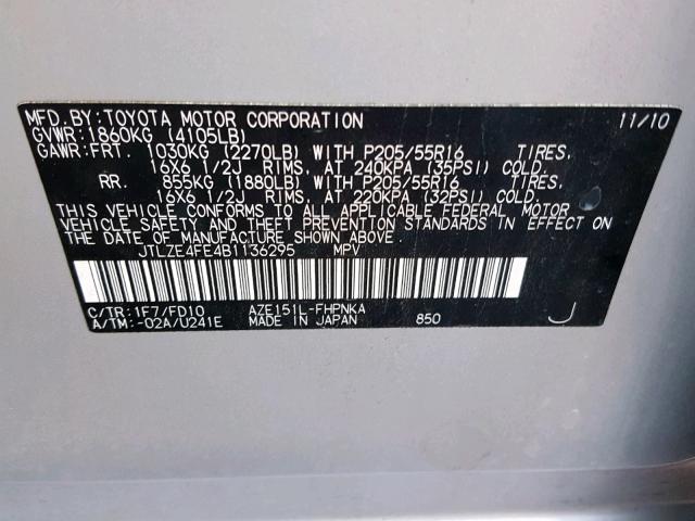 JTLZE4FE4B1136295 - 2011 TOYOTA SCION XB SILVER photo 10