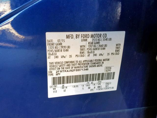 2FMTK4J92FBB71346 - 2015 FORD EDGE SEL BLUE photo 10