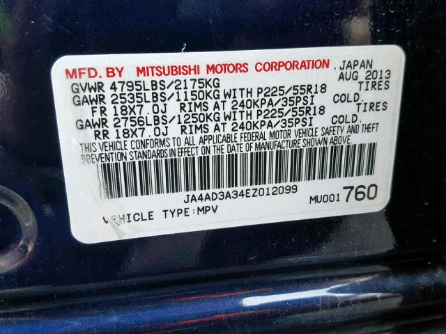 JA4AD3A34EZ012099 - 2014 MITSUBISHI OUTLANDER BLUE photo 10