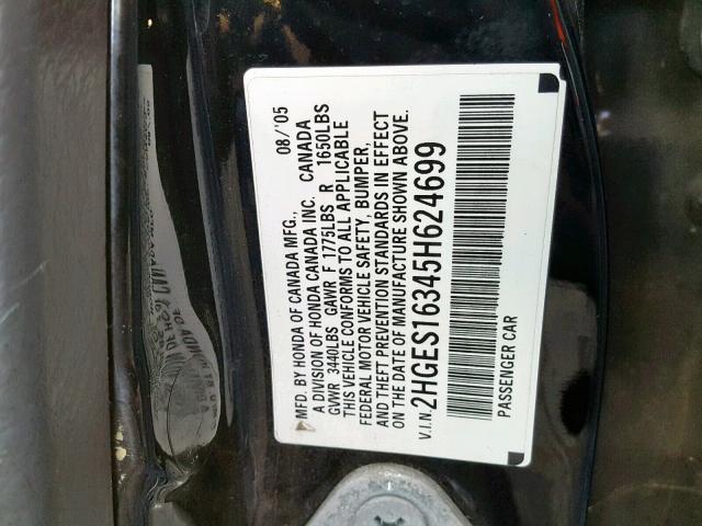 2HGES16345H624699 - 2005 HONDA CIVIC DX V BLACK photo 10