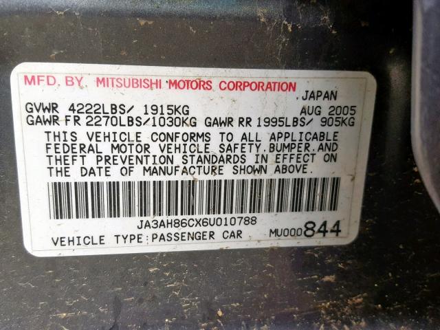 JA3AH86CX6U010788 - 2006 MITSUBISHI LANCER EVO GRAY photo 10