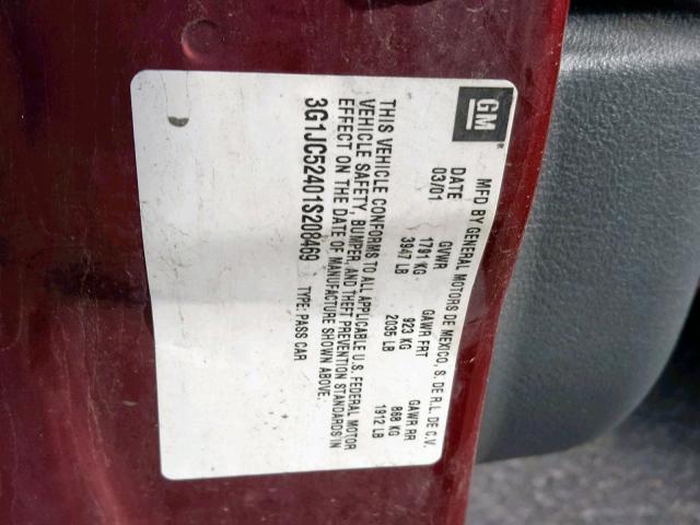 3G1JC52401S208469 - 2001 CHEVROLET CAVALIER B MAROON photo 10