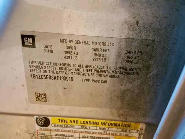 1G1ZC5EB8AF193916 - 2010 CHEVROLET MALIBU 1LT SILVER photo 10