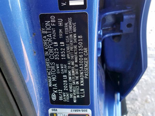 KNADN5A30D6135018 - 2013 KIA RIO EX BLUE photo 10