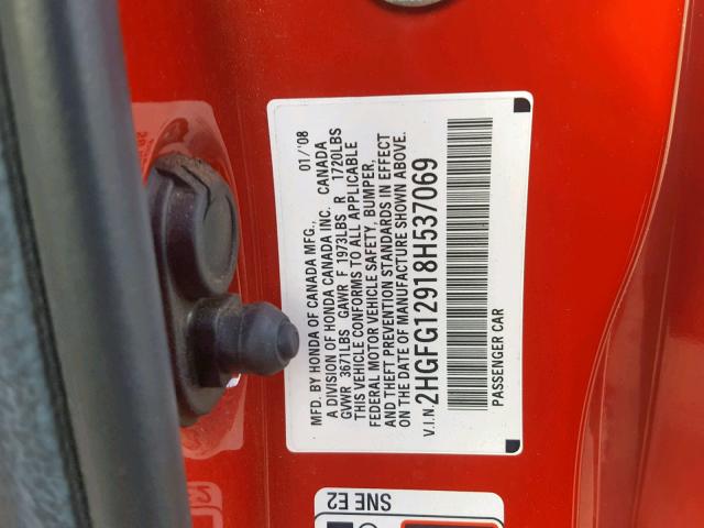 2HGFG12918H537069 - 2008 HONDA CIVIC EXL RED photo 10