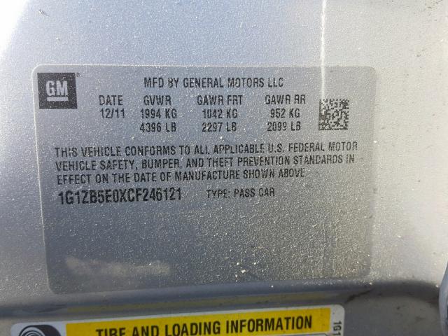 1G1ZB5E0XCF246121 - 2012 CHEVROLET MALIBU LS SILVER photo 10